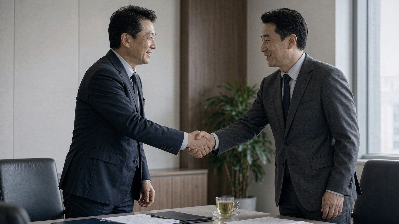 两位商务人士在办公桌前握手